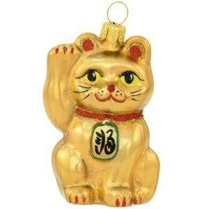 NWT Blown glass Golden Lucky Cat ornament-gold, red, green, Chinese money symbol